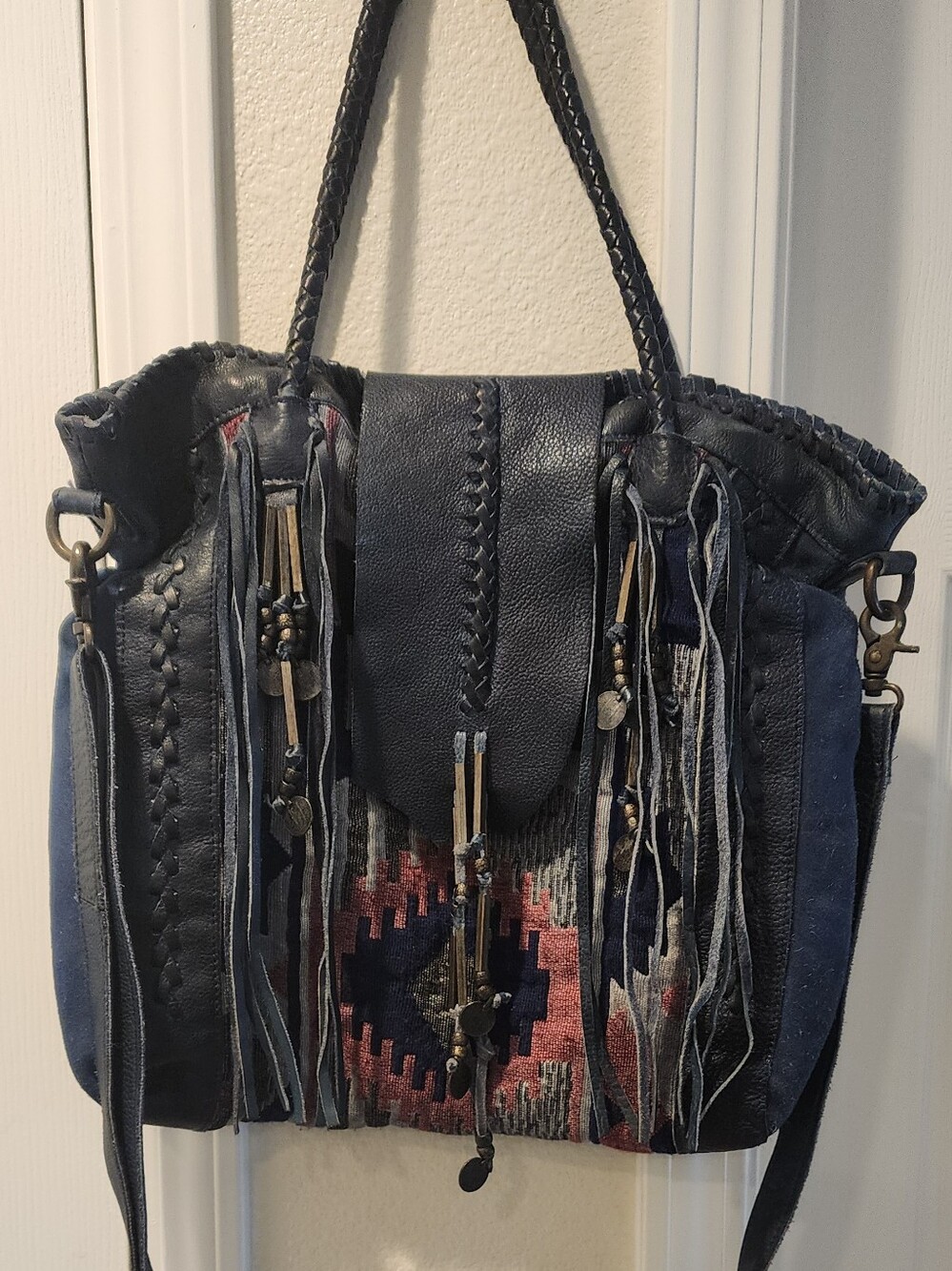 Free People Boho Style Leather Fringe Multicolor Crossbody Shoulder Bag